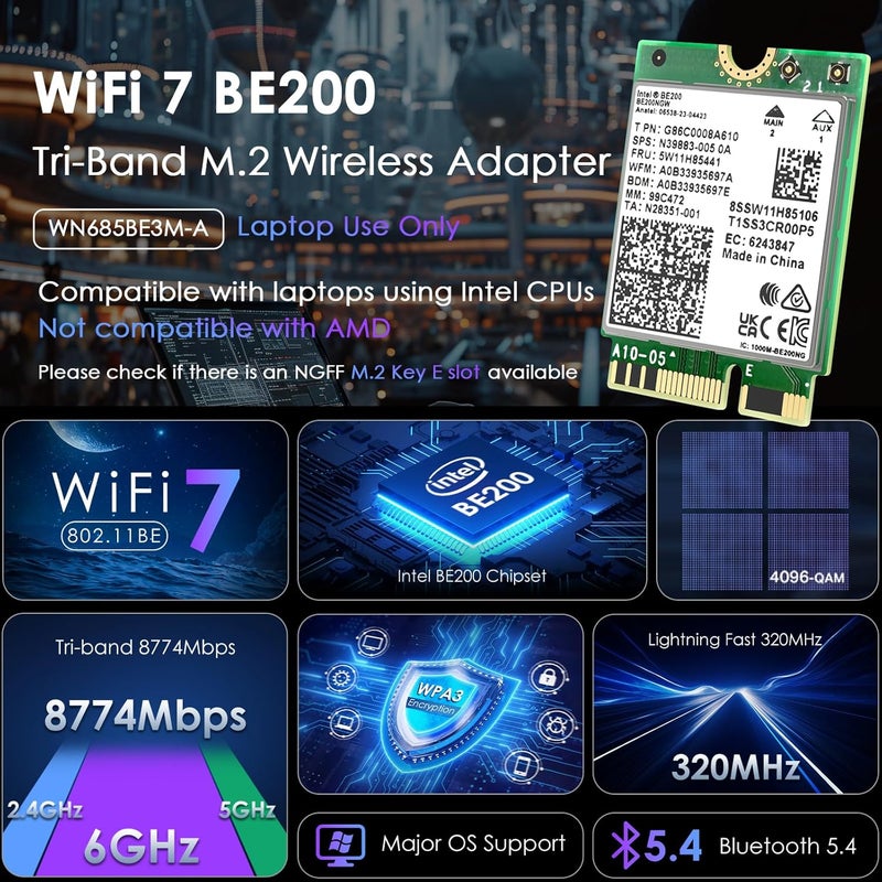 WAVLINK WiFi 7 Wireless Card for Intel CPU Laptop Only, 2025 Tri-Band BE200 M.2 NGFF Network Module with Bluetooth 5.4, MU-MIMO, WPA3, Support Windows 10/11(64-bit) Laptop, Not Support AMD - Image 3